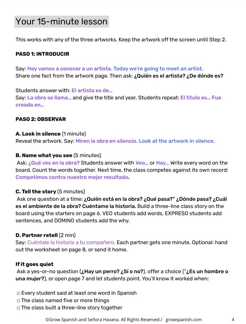 The Your 15-minute lesson page: Paso 1 Introducir and Paso 2 Observar, scripted in Spanish and English